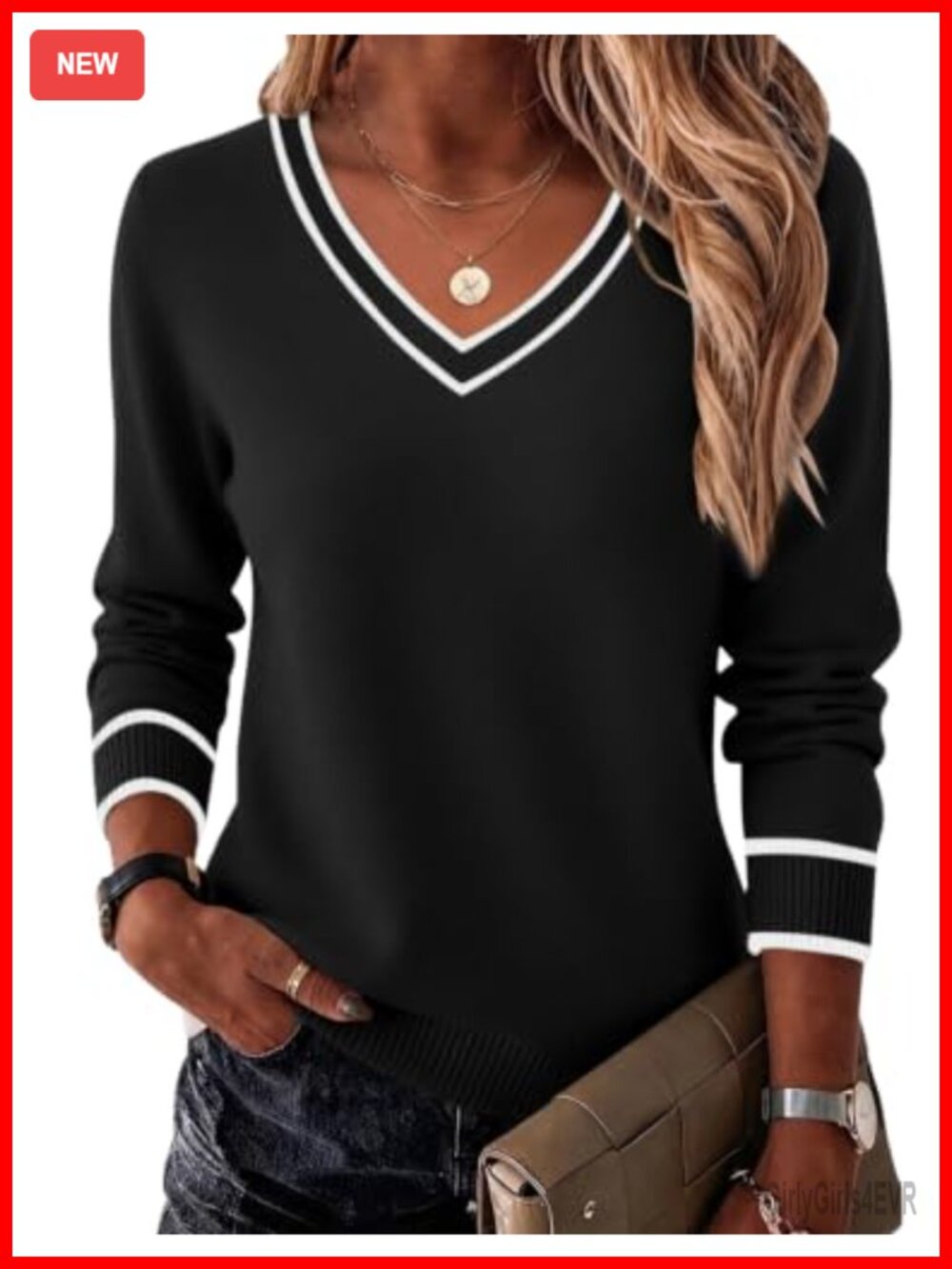Women's Long Sleeve Ribbed V-Neck Knit Sweater Pullover